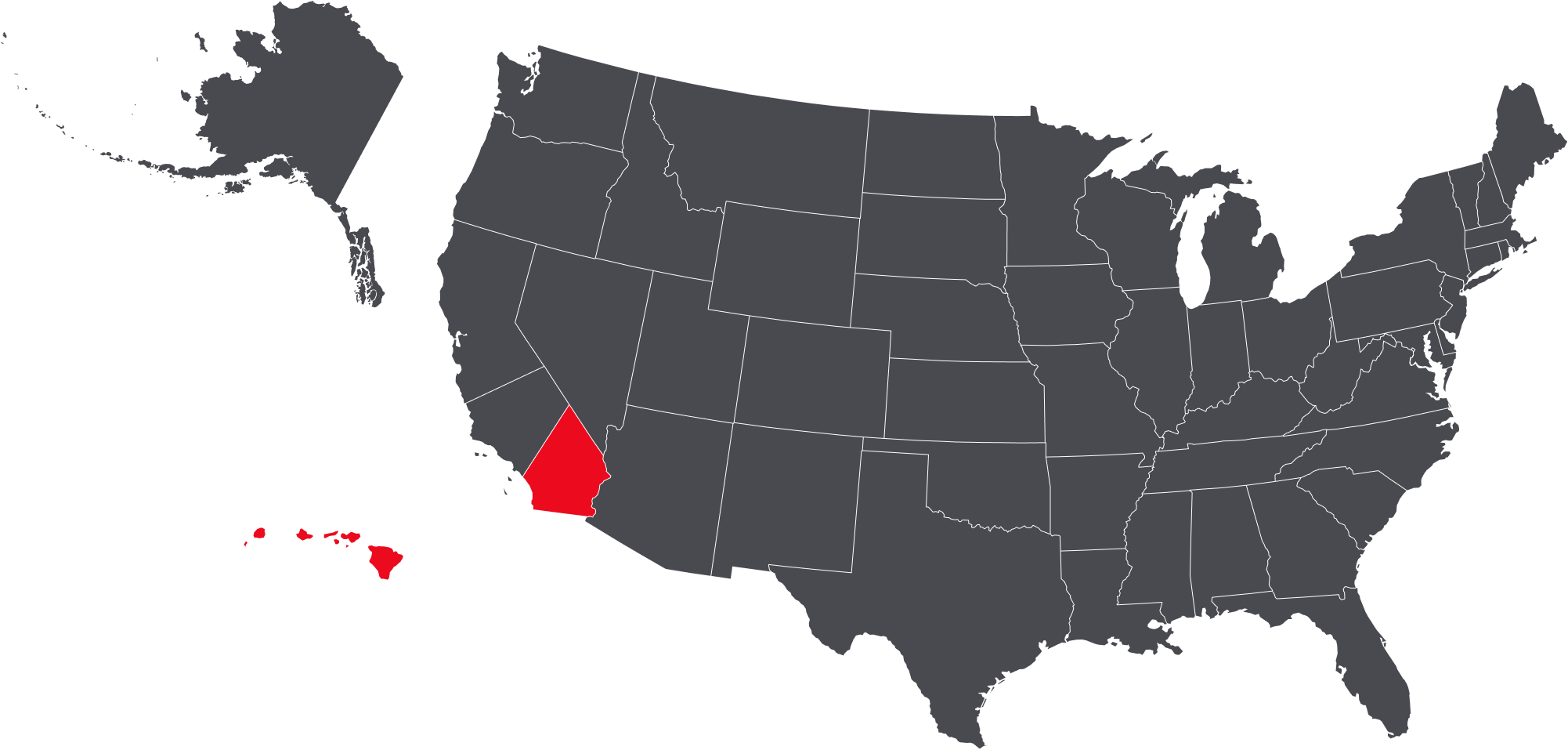 United states map with the states of CA-SD, HI marked in a red font