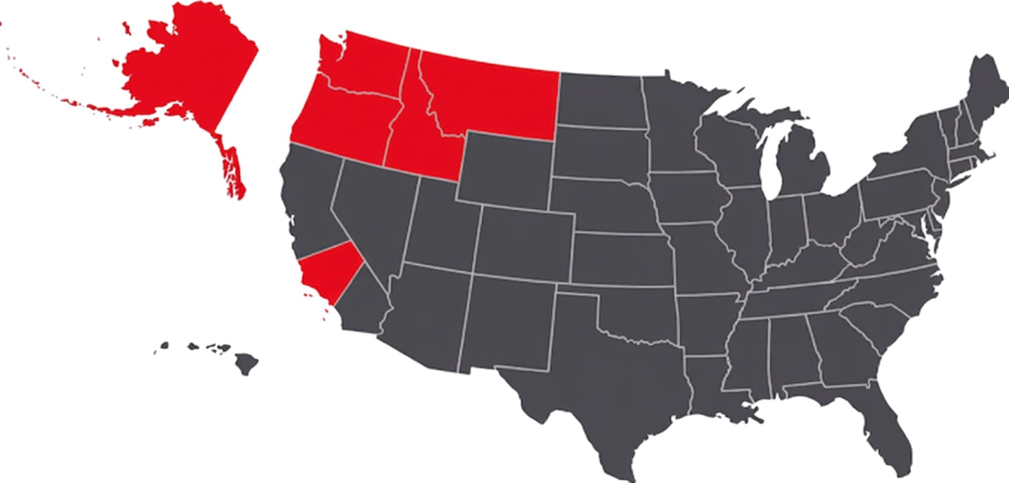United states map with the states of AK, CA-LA, ID, MT, OR, WA marked in a red font